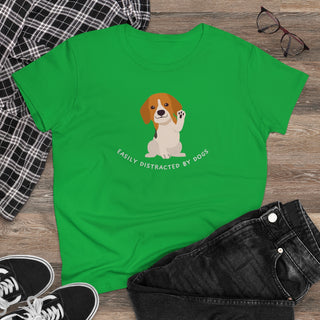 Easily Distracted Women's Midweight Cotton Tee in Irish Green. Shown is front design featuring a dog waving with the saying "Easily Distracted by Dogs" below it. The back of shirt has the classic Benefit Beagle Logo.