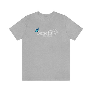 Lincoln Butterfly Unisex Jersey Short Sleeve Tee in Athletic Heather. Shown is the front of shirt with Benefit Beagle Logo kissed by butterfly. The back of shirt showcases profile of a dog with a blue butterfly on its nose and the phrase "Kindness is Strength" next to it.