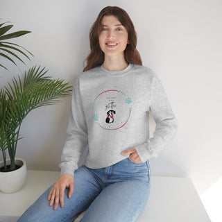 Dog Hair is my Glitter Unisex Crewneck in Ash. The Dog Hair is my Glitter design features a dog with the phrase "Dog Hair is my Glitter" above it and it is surrounded by a circle with paw prints.