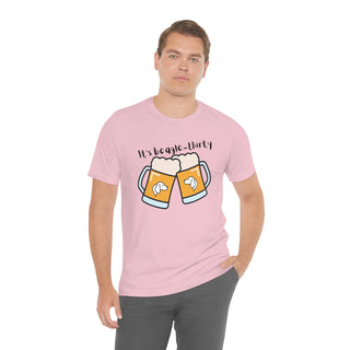 Beagle-Thirty Mugs Unisex Jersey Short Sleeve Tee in Pink. The front of shirt showcases Two Dog Adorned Mugs clinking with the saying, "It's Beagle-Thirty" above it. Back of shirt features corresponding Benefit Beagle Logo.