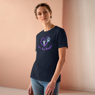 Live, Love, Beagle Women's Premium Tee in Navy. The Live, Love, Beagle design features a dog running through a heart with the phrase "Live, Love, Beagle!" under it.