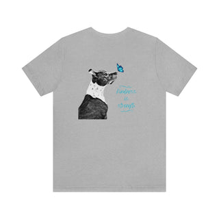 Lincoln Butterfly Unisex Jersey Short Sleeve Tee in Athletic Heather. Shown is back of shirt design showcasing profile of a dog with a blue butterfly on its nose and the phrase "Kindness is Strength" next to it. The front of shirt has Benefit Beagle Logo kissed by a Butterfly.