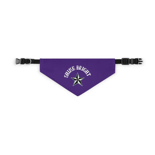 Brightest Star Pet Bandana Collar in Purple. The Brightest Star design features the phrase "Shine Bright" with a nautical star. Comes with adjustable black collar.