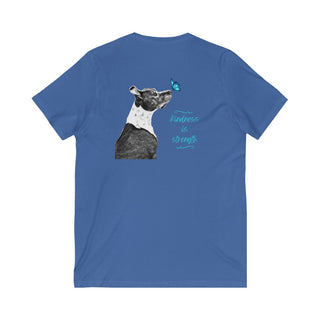 Lincoln Butterfly Unisex V-Neck Tee in True Royal. Shown is back of shirt design showcasing profile of a dog with a blue butterfly on its nose and the phrase "Kindness is Strength" next to it. The front of shirt has Benefit Beagle Logo kissed by a Butterfly.