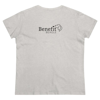 Easily Distracted Women's Midweight Cotton Tee in Ash. Shown is back design with the classic Benefit Beagle Logo. The front design features a dog waving with the saying "Easily Distracted by Dogs" below it.