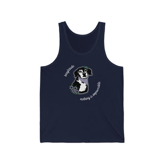 Signature Tattoo Flowers Unisex Jersey Tank in Navy. Shown is front of shirt with the Signature Tattoo Flowers design featuring a dog with flowers around it and the phrase "Beagletude" and "Nothing is Impawssible". Back of shirt features the Benefit Beagle Logo.