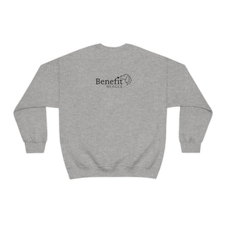 Easily Distracted Unisex Heavy Blend Crewneck Sweatshirt in Sport Grey. Shown is back design with the classic Benefit Beagle Logo. The front design features a dog waving with the saying "Easily Distracted by Dogs" below it.