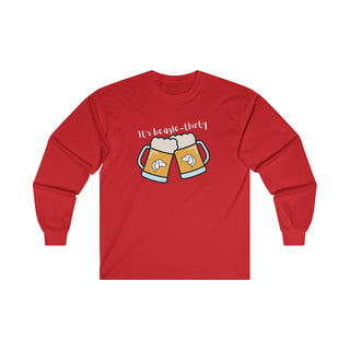 Beagle-Thirty Mugs Unisex Ultra Cotton Long Sleeve Tee in Red. The front of shirt showcases Two Dog Adorned Mugs clinking with the saying, "It's Beagle-Thirty" above it. Back of shirt features corresponding Benefit Beagle Logo.