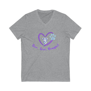 Live, Love, Beagle Unisex V-Neck Tee in Athletic Heather. The Live, Love, Beagle design features a dog running through a heart with the phrase "Live, Love, Beagle!" under it.