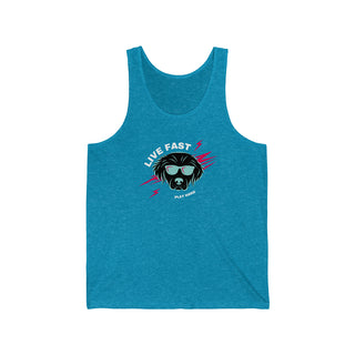 Play Hard Unisex Jersey Tank in Aqua TriBlend. The design features a cool dog with sunglasses and lightening bolts around it. The phrase "Live Fast, Play Hard" is around the design.