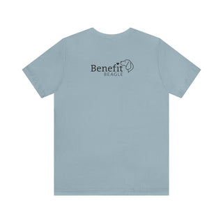 Signature Tattoo Flowers Unisex Jersey Short Sleeve Tee in Light Blue. Shown is back of shirt with the Benefit Beagle Logo. Front of shirt has the Signature Tattoo Flowers design featuring a dog with flowers around it and the phrase "Beagletude" and "Nothing is Impawssible".