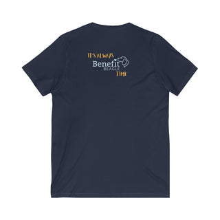 Beagle-Thirty Mugs Unisex Jersey Short Sleeve V-Neck Tee in Navy. Shown is back of shirt featuring "Beagle-Thirty" Benefit Beagle Logo. The front Showcases Two Dog Adorned Mugs clinking with, "It's Beagle- Thirty" written above it.