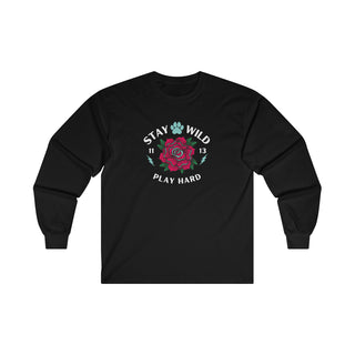 Stay Wild Ultra Cotton Long Sleeve Tee in Black. The Stay Wild Design features a tattoo style rose with the phrase "Stay Wild, Play Hard" around it. The back of shirt features the Stay Wild Benefit Beagle Logo Design.