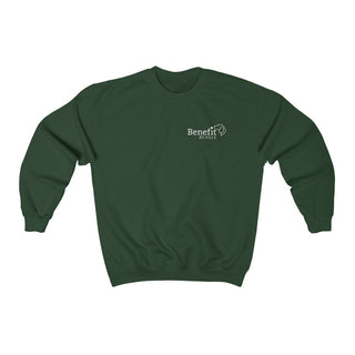 Live in the Moment Crewneck Sweatshirt in Forest Green. The Live in the Moment design features the Benefit Beagle logo in the top corner of the garment.