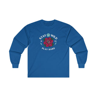 Stay Wild Ultra Cotton Long Sleeve Tee in Royal. The Stay Wild Design features a tattoo style rose with the phrase "Stay Wild, Play Hard" around it. The back of shirt features the Stay Wild Benefit Beagle Logo Design.