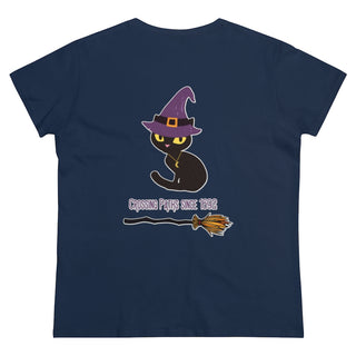 A slightly more fitted take of a classic short sleeve cotton tee. This contoured silhouette is made out of a soft, light cotton. Back side shown in Navy with Wide Eyed Cartoon Cat wearing Purple Hat Standing over Broom. "Crossing Paths Since 1692". On the front of shirt is similar Witchy Benefit Beagle Logo. Purrfect for Halloween, or anytime!