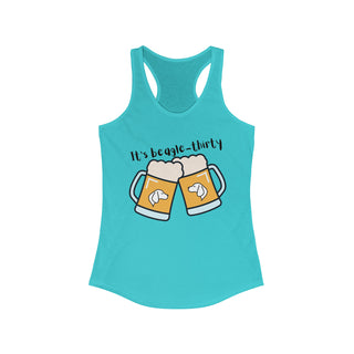 Beagle-Thirty Mugs Women's Racerback Tank in Tahiti Blue. The front of shirt showcases Two Dog Adorned Mugs clinking with the saying, "It's Beagle-Thirty" above it. Back of shirt features corresponding Benefit Beagle Logo.