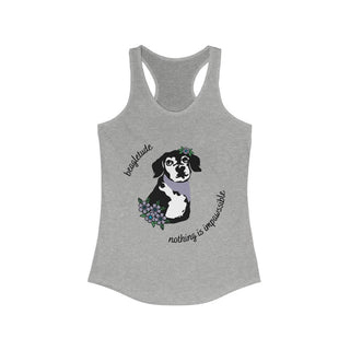 Signature Tattoo Flowers Women's Ideal Racerback Tank in Heather Grey. Shown is front of shirt with the Signature Tattoo Flowers design featuring a dog with flowers around it and the phrase "Beagletude" and "Nothing is Impawssible". Back of shirt features the Benefit Beagle Logo.