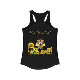 Bee Pawsitive Women's Racerback Tank in Black. Shown is back of shirt showcasing a dog dressed as as bee in a a field of sunflowers with the phrase "Bee Pawsitive!" above it. The front features the Bee Pawsitive Benefit Beagle Logo.