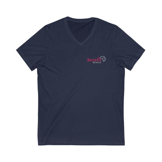 Different Pawspective Unisex V-Neck Tee in Navy. Shown is front of shirt with Benefit Beagle logo in the top corner . On the back is large colorful pawprint with the the phrase "Life is all about finding the beauty in a different pawspective" circled around it.