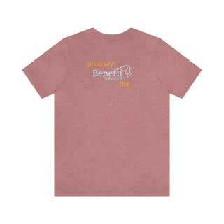 Beagle-Thirty Mugs Unisex Jersey Short Sleeve Tee in Heather Mauve. Shown is back of shirt featuring "Beagle-Thirty" Benefit Beagle Logo. The front Showcases Two Dog Adorned Mugs clinking with, "It's Beagle- Thirty" written above it.