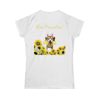 Bee Pawsitive Women's Softstyle Tee in White. Shown is back of shirt showcasing a dog dressed as as bee in a a field of sunflowers with the phrase "Bee Pawsitive!" above it. The front features the Bee Pawsitive Benefit Beagle Logo.