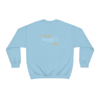 Beagle-Thirty Mugs Unisex Heavy Blend Crewneck Sweatshirt in Light Blue. Shown is back of shirt featuring "Beagle-Thirty" Benefit Beagle Logo. The front Showcases Two Dog Adorned Mugs clinking with, "It's Beagle- Thirty" written above it.