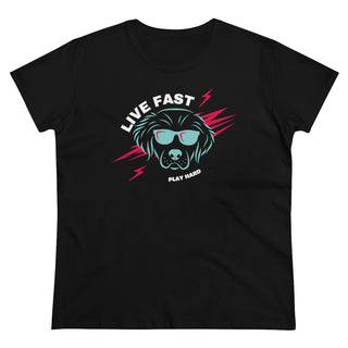 Play Hard Women's Midweight Cotton Tee shirt in Black. The design features a cool dog with sunglasses and lightening bolts behind it. The phrase "Live Fast, Play Hard" is around the design.