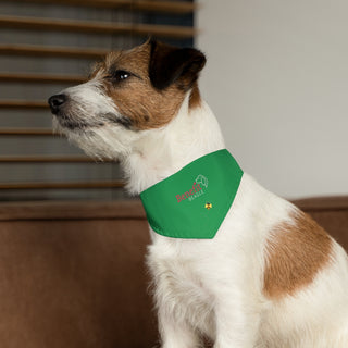 Dog wearing Bee Pawsitive Dog Collar Bandana in Green. The Bee Pawsitive design features the Benefit Beagle logo with a bumble bee flying under it. Comes with adjustable black collar.