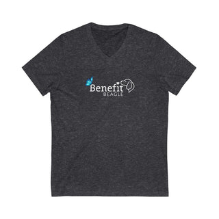 Lincoln Butterfly Unisex V-Neck Tee in Dark Grey Heather. Shown is the front of shirt with Benefit Beagle Logo kissed by butterfly. The back of shirt showcases profile of a dog with a blue butterfly on its nose and the phrase "Kindness is Strength" next to it.