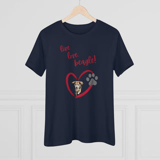 Live, Love, Beagle Women's Premium Tee in Navy. The Live, Love, Beagle design features a dog running through a heart with the phrase "Live, Love, Beagle!" above it.