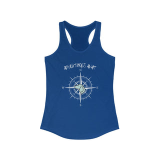 Adventures Await Women's Racerback Tank in True Royal. The front of shirt features the Adventures Await design with a dog inside a nautical compass and the words "Adventures Await" above it. The back of the shirt has similar Benefit Beagle Logo.