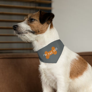 Dog wearing Easily Distracted Dog Collar Bandana in Grey. The design features a large dog bone with the words, "I'M THE DOG" written across it. Comes with adjustable black collar.