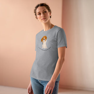 Easily Distracted Women's Premium Tee in Athletic Heather. Shown is front design featuring a dog waving with the saying "Easily Distracted by Dogs" below it. The back of shirt has the classic Benefit Beagle Logo.