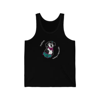 Signature Tattoo Roses Unisex Jersey Tank in Black. Shown is front of shirt with the Signature Tattoo Roses design featuring a dog with roses around it and the phrase "Beagletude" and "Nothing is Impawssible". Back of shirt features the Benefit Beagle Logo.