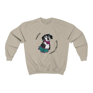 Signature Tattoo Roses Crewneck Sweatshirt in Sand. Shown is front of shirt with the Signature Tattoo Roses design featuring a dog with roses around it and the phrase "Beagletude" and "Nothing is Impawssible". Back of shirt features the Benefit Beagle Logo.