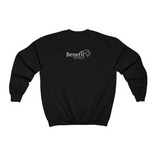 Signature Tattoo Roses Crewneck Sweatshirt in Black. Shown is back of shirt with the Benefit Beagle Logo. Front of shirt has the Signature Tattoo Roses design featuring a dog with roses around it and the phrase "Beagletude" and "Nothing is Impawssible".