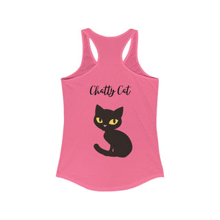 Meow Women's Racerback Tank in Hot Pink. Shown is back showcasing a wide eyed black cartoon cat with the phrase "Chatty Cat" above it. On front of shirt is the Benefit Beagle Logo featuring a peeping cat.