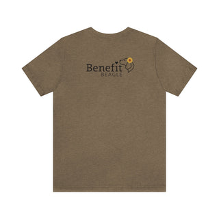 You are my Sunshine Unisex Jersey Short Sleeve Tee in Heather Olive. Shown is back of shirt featuring the Sunflower Benefit Beagle Logo. The front showcases a sunflower which is split down the middle and half is made out of paw prints. Underneath is the phrase "You are my Sunshine".