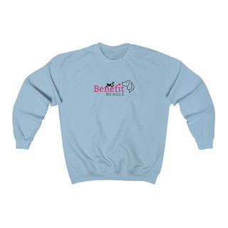 Meow Unisex Crewneck Sweatshirt in Light Blue. Shown is front of shirt with the Benefit Beagle Logo featuring a peeping cat. The back showcases a wide eyed black cartoon cat with the phrase "Chatty Cat" above it.