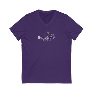 Bee Pawsitive unisex V-Neck Tee shirt in Team Purple. The front of shirt features the Bee Pawsitive Benefit Beagle Logo. The back of shirt showcases a dog dressed as a bee in a field of sunflowers with "Bee Pawsitive" written above.