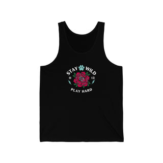 Stay Wild Unisex Unisex Jersey Tank in Black. The Stay Wild Design features a tattoo style rose with the phrase "Stay Wild, Play Hard" around it. The back of shirt features the Stay Wild Benefit Beagle Logo Design.