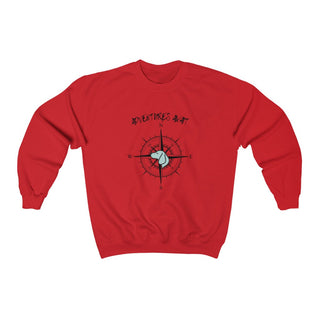 Adventures Await Unisex Crewneck Sweatshirt in Red. The front of shirt features the Adventures Await design with a dog inside a nautical compass and the words "Adventures Await" above it. The back of the shirt has similar Benefit Beagle Logo.