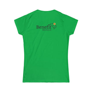 You are my Sunshine Women's Softstyle Tee in Irish Green. Shown is back of shirt featuring the Sunflower Benefit Beagle Logo. The front showcases a sunflower which is split down the middle and half is made out of paw prints. Underneath is the phrase "You are my Sunshine".