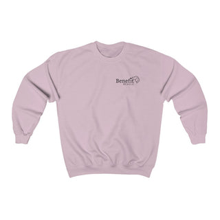 Live in the Moment Crewneck Sweatshirt in Light Pink. The Live in the Moment design features the Benefit Beagle logo in the top corner of the garment.