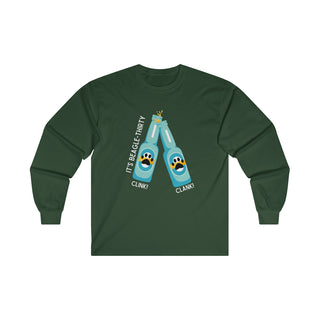 Beagle-Thirty Bottles Unisex Ultra Cotton Long Sleeve Tee in Forest Green. The front of shirt showcases Two Paw Labeled Bottles clinking with the saying, "It's Beagle-Thirty". Back of shirt features corresponding Benefit Beagle Logo.