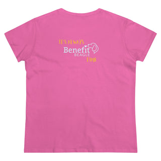 Beagle-Thirty Mugs Women's Midweight Cotton Tee in Azalea. Shown is back of shirt featuring "Beagle-Thirty" Benefit Beagle Logo. The front Showcases Two Dog Adorned Mugs clinking with, "It's Beagle-Thirty" written above it.