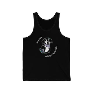 Signature Tattoo Flowers Unisex Jersey Tank in Black. Shown is front of shirt with the Signature Tattoo Flowers design featuring a dog with flowers around it and the phrase "Beagletude" and "Nothing is Impawssible". Back of shirt features the Benefit Beagle Logo.