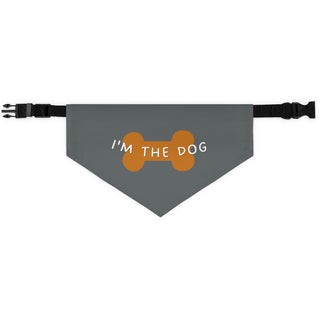 Easily Distracted Dog Collar Bandana in Grey. The design features a large dog bone with the words, "I'M THE DOG" written across it. Comes with adjustable black collar.