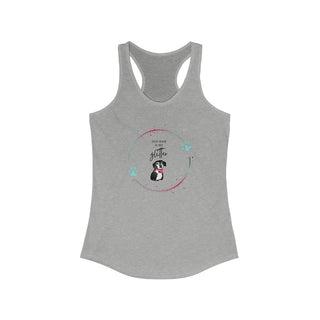 Dog Hair is my Glitter Women's Racerback Tank in Heather Grey. The Dog Hair is my Glitter design features a dog with the phrase "Dog Hair is my Glitter" above it and it is surrounded by a circle with paw prints.